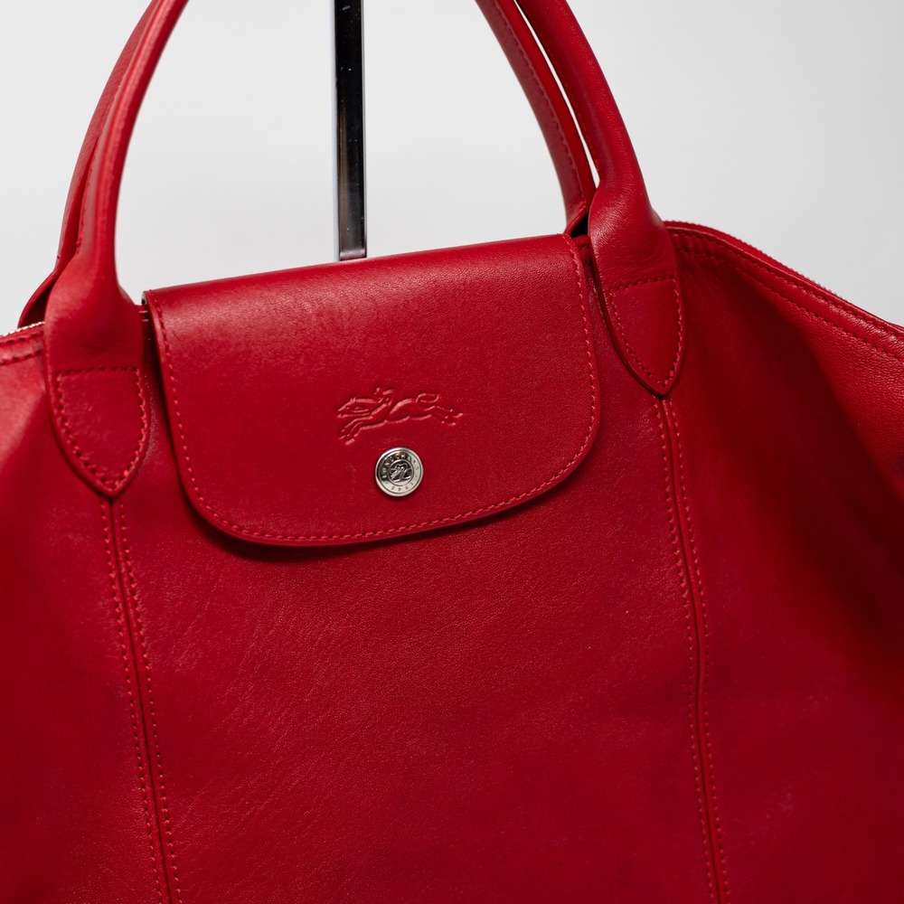 Longchamp Le Pliage Cuir Medium Genuine Leather Crossbody Satchel Bag Purse Red - Picture 2 of 6